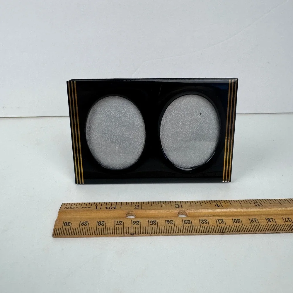 Vtg Mini Tabletop Double Oval Picture Frame Black Gold Accents Art Deco MCM READ
